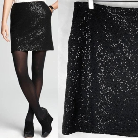 ANN TAYLOR Black Sequin Sparkle 2 Pocket Wool Blend Mini A-Line Pencil Skirt NWT - Picture 3 of 8